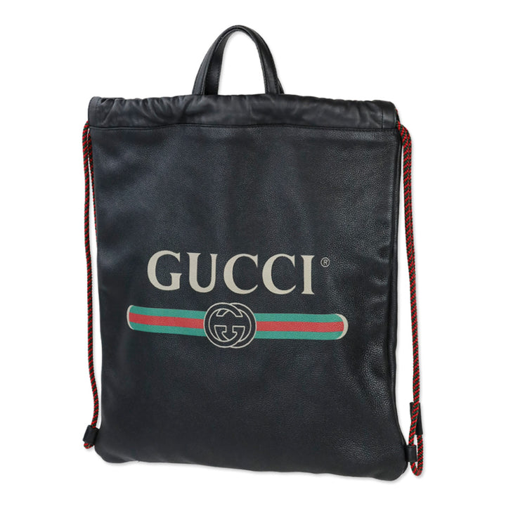 Gucci Black Grained Calfskin Web Logo Drawstring Backpack