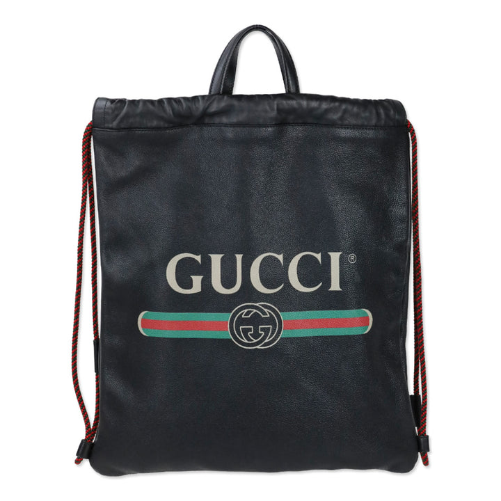 Gucci Black Grained Calfskin Web Logo Drawstring Backpack