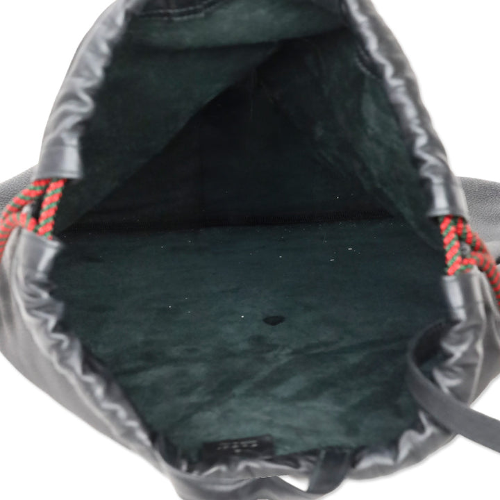 Gucci Black Grained Calfskin Web Logo Drawstring Backpack