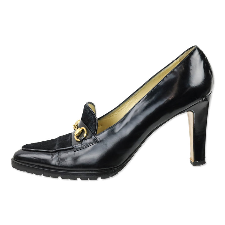 Gucci Black Leather Calf Hair Horsebit Loafer Pump