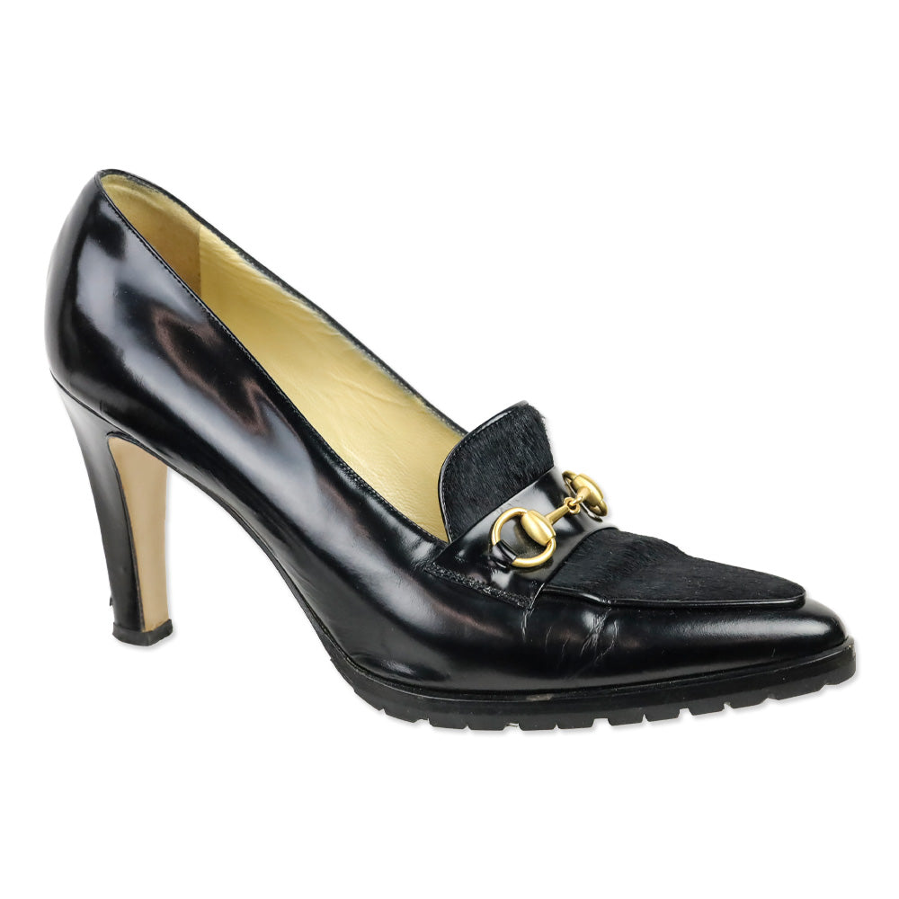 Gucci Black Leather Calf Hair Horsebit Loafer Pump