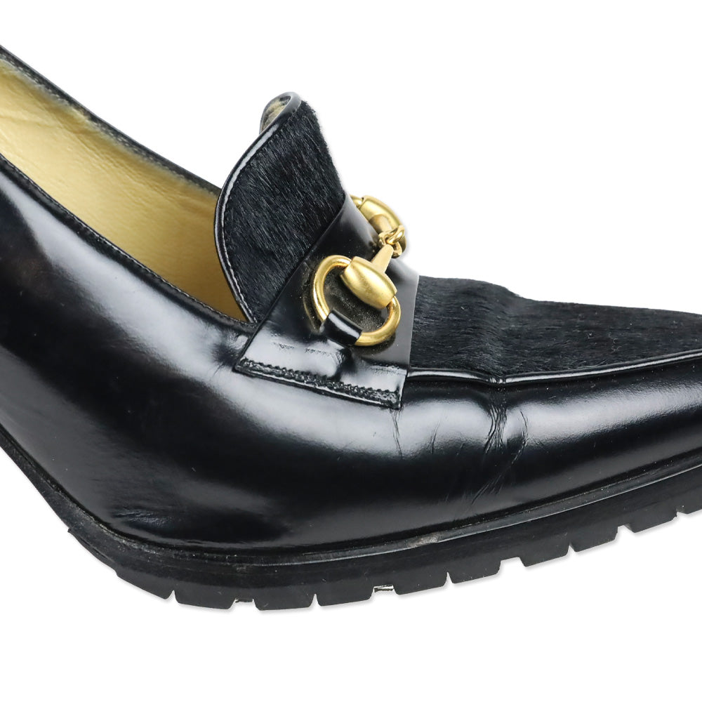 Gucci Black Leather Calf Hair Horsebit Loafer Pump