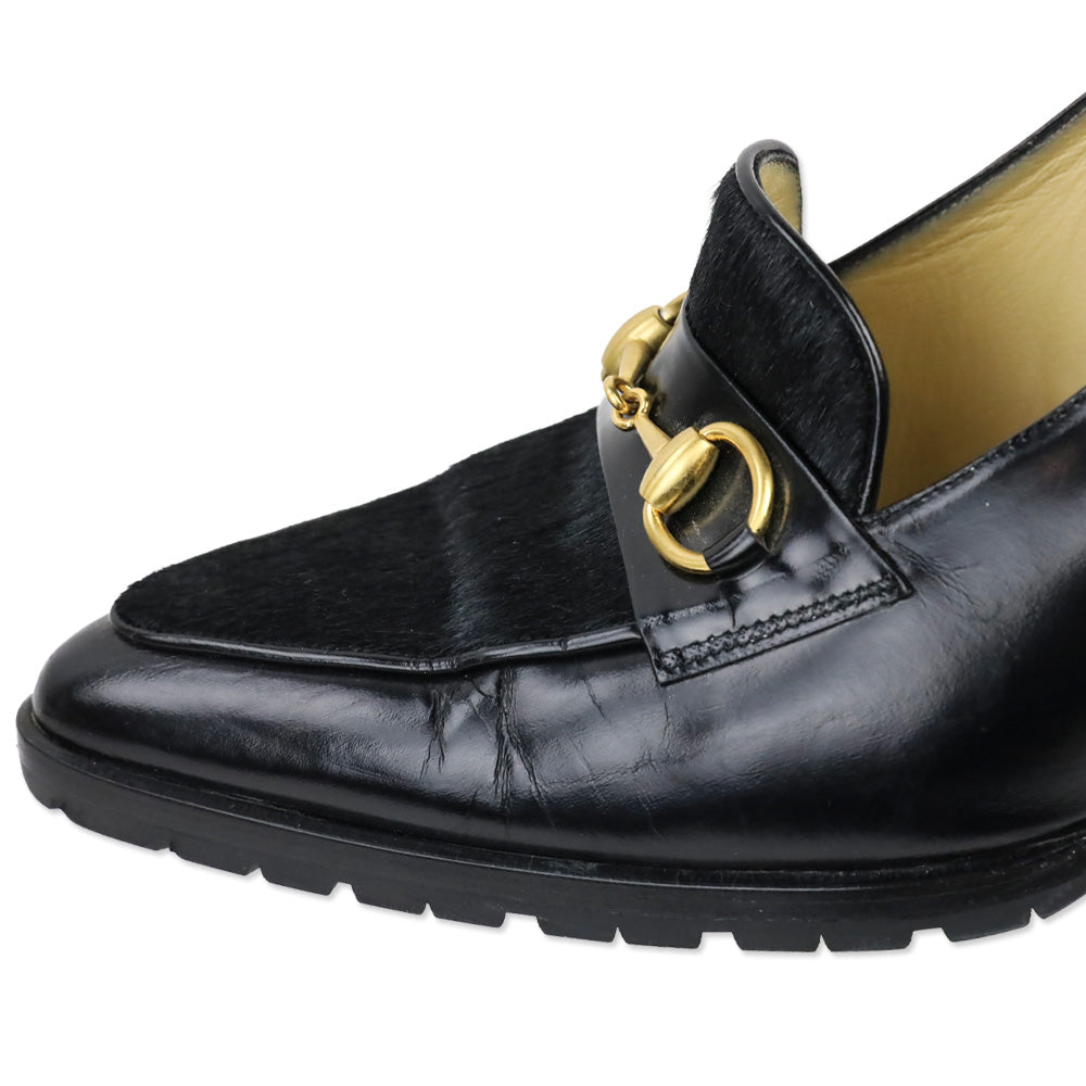 Gucci Black Leather Calf Hair Horsebit Loafer Pump