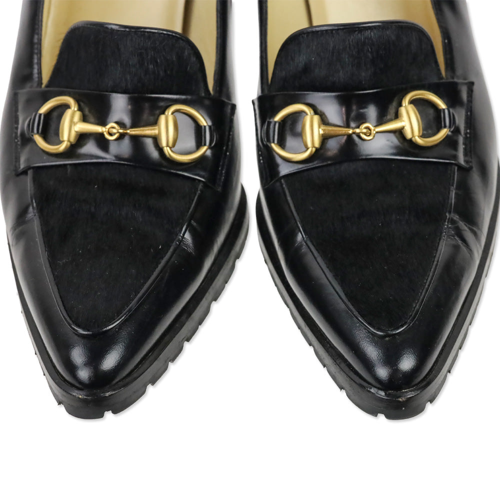 Gucci Black Leather Calf Hair Horsebit Loafer Pump