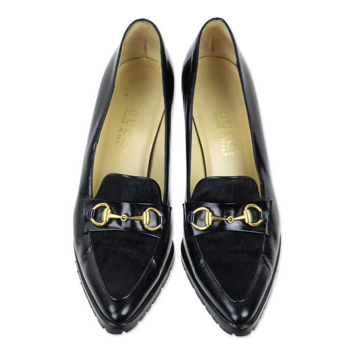 Gucci Black Leather Calf Hair Horsebit Loafer Pump