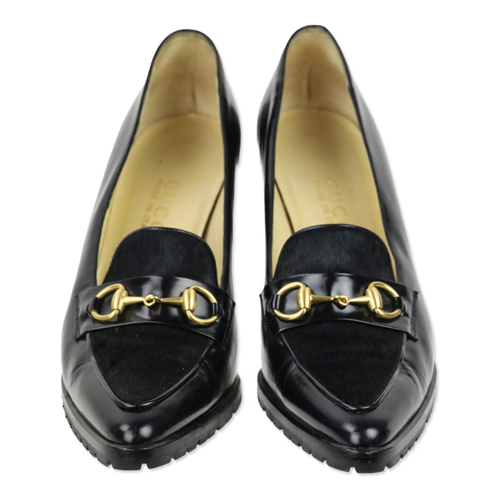 Gucci Black Leather Calf Hair Horsebit Loafer Pump
