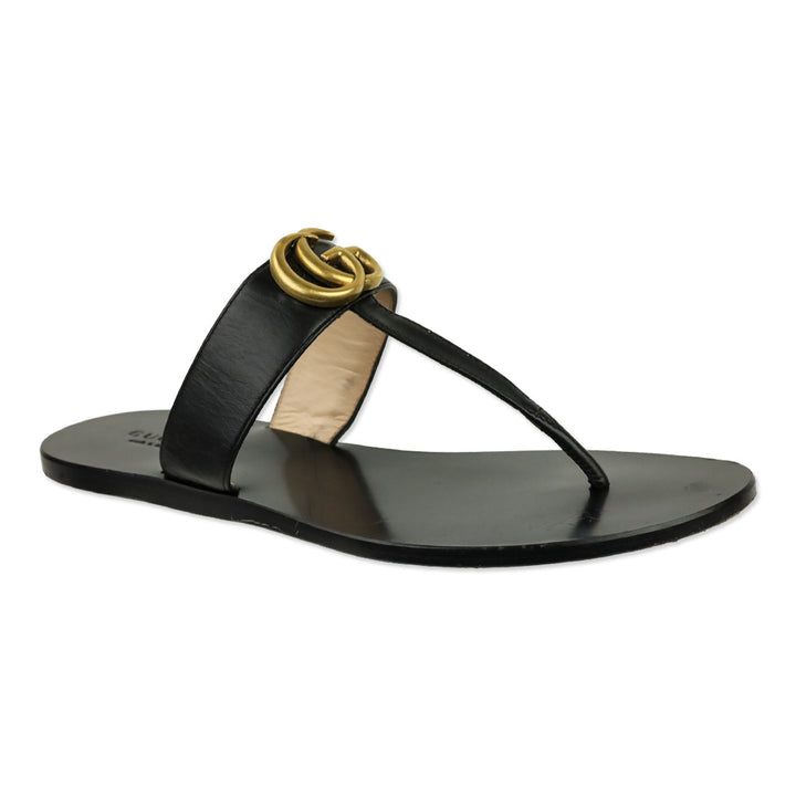 Gucci Black Leather GG Marmont T-Strap Thong Sandals