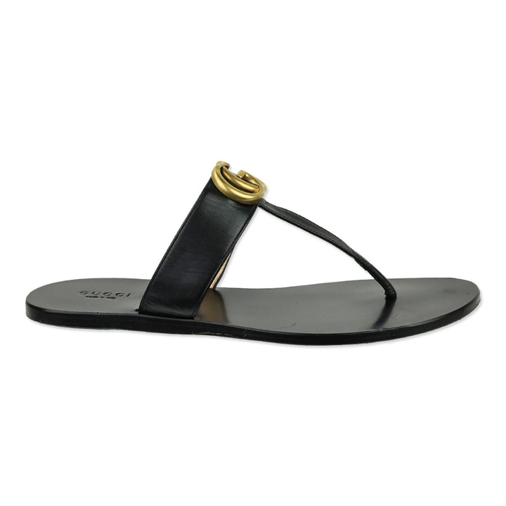 Gucci Black Leather GG Marmont T-Strap Thong Sandals