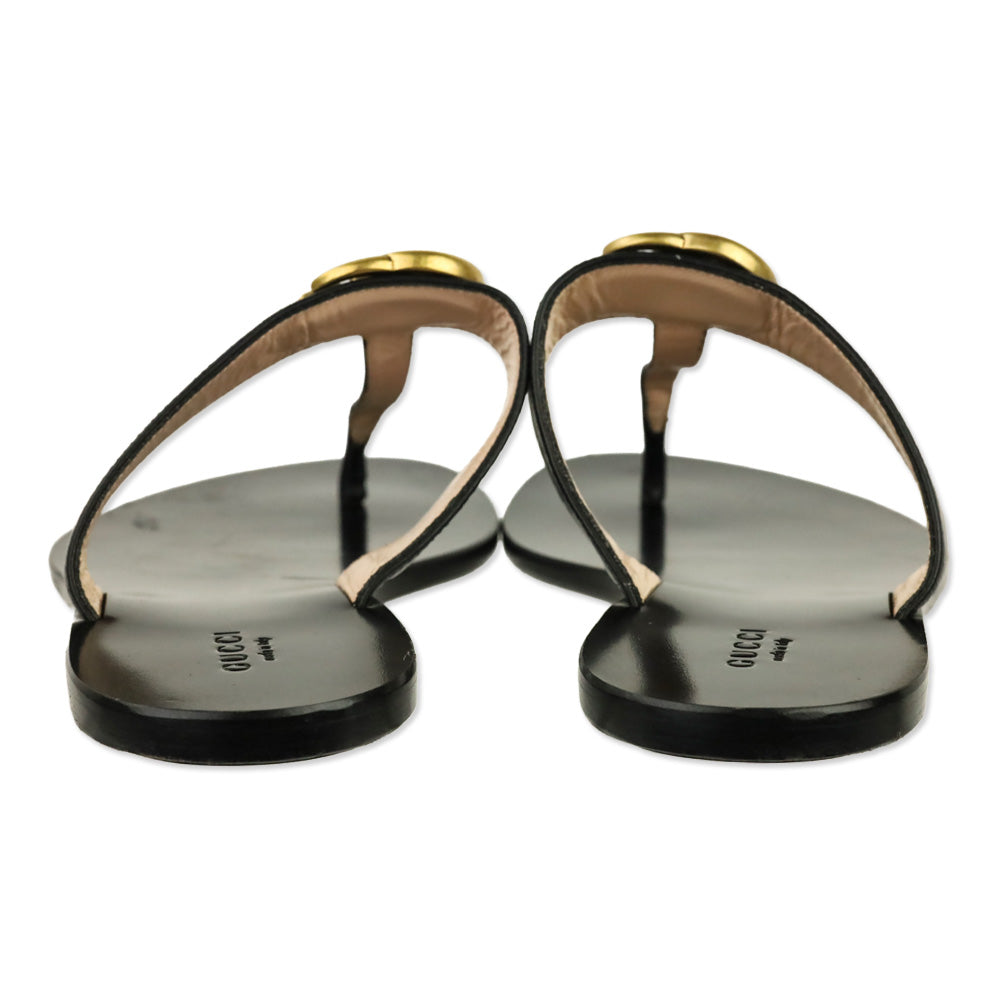 Gucci Black Leather GG Marmont T-Strap Thong Sandals