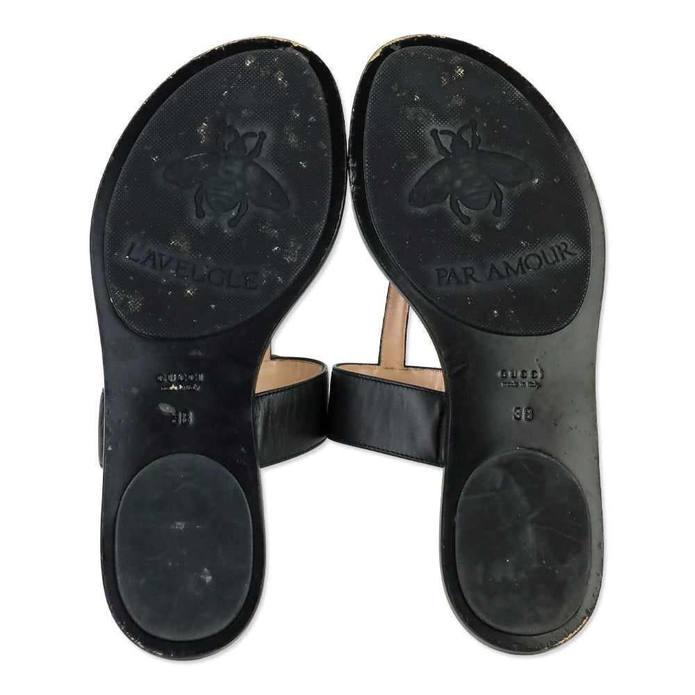 Gucci Black Leather GG Marmont T-Strap Thong Sandals