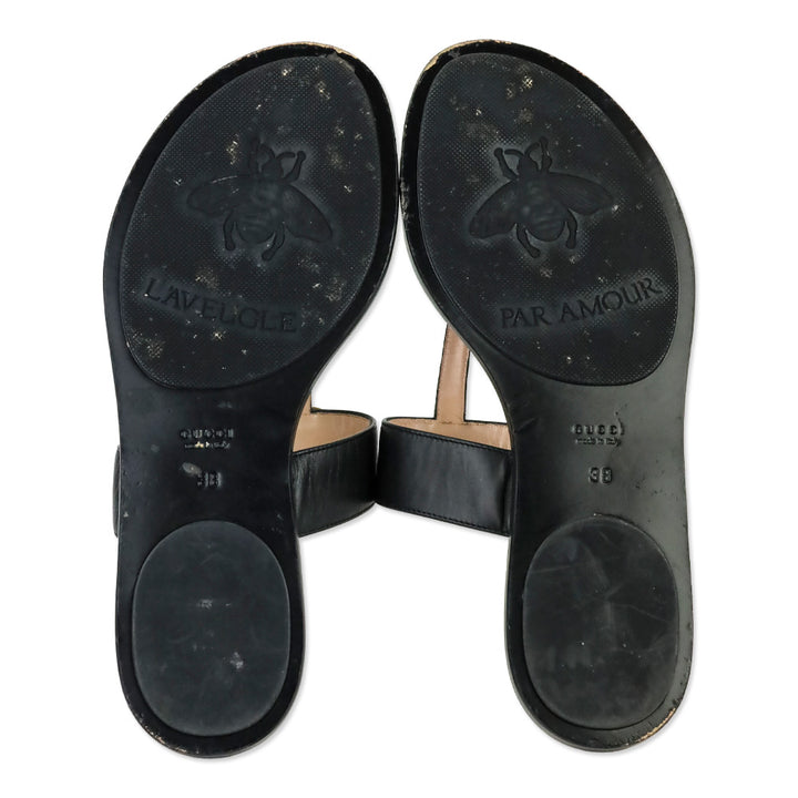 Gucci Black Leather GG Marmont T-Strap Thong Sandals