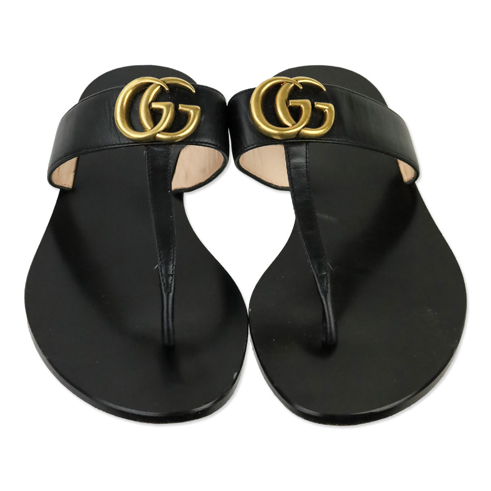 Gucci Black Leather GG Marmont T-Strap Thong Sandals