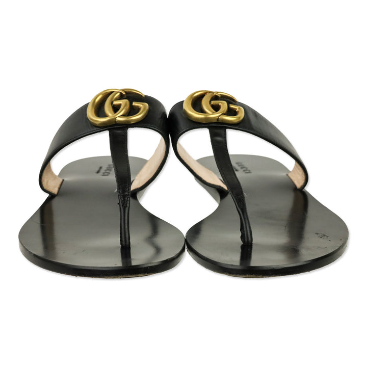 Gucci Black Leather GG Marmont T-Strap Thong Sandals