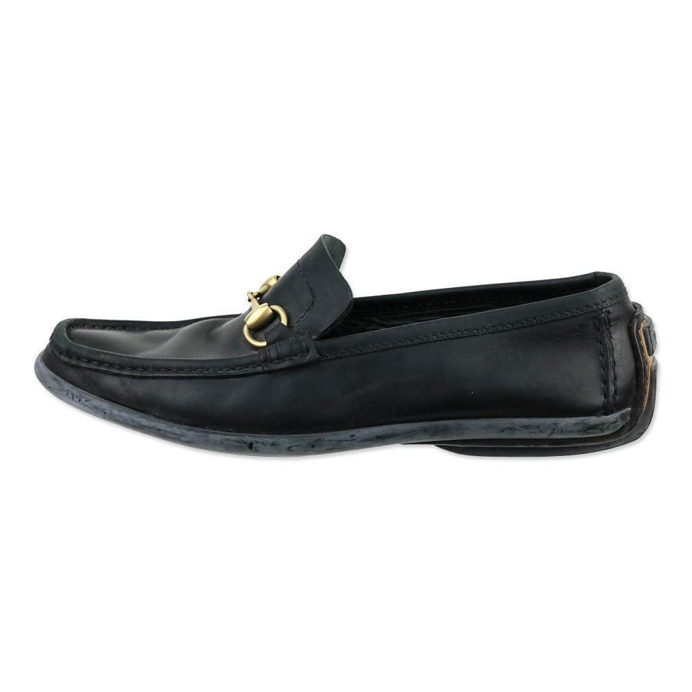 Gucci Black Leather Gold Horsebit Driving Loafers