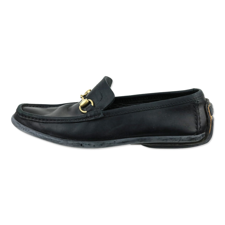 Gucci Black Leather Gold Horsebit Driving Loafers