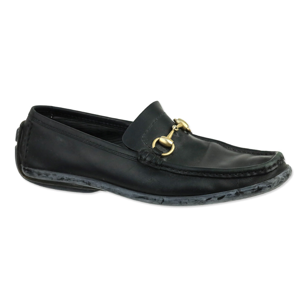 Gucci Black Leather Gold Horsebit Driving Loafers