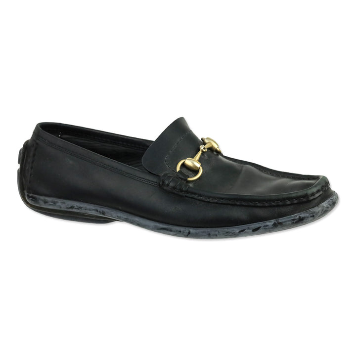Gucci Black Leather Gold Horsebit Driving Loafers