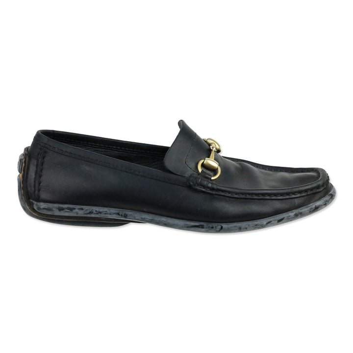 Gucci Black Leather Gold Horsebit Driving Loafers