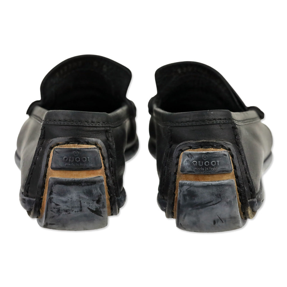 Gucci Black Leather Gold Horsebit Driving Loafers