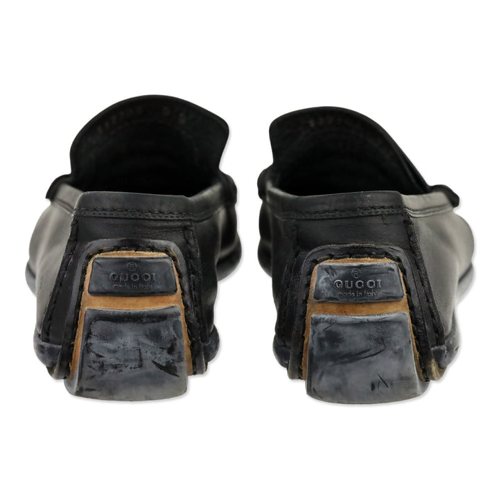 Gucci Black Leather Gold Horsebit Driving Loafers