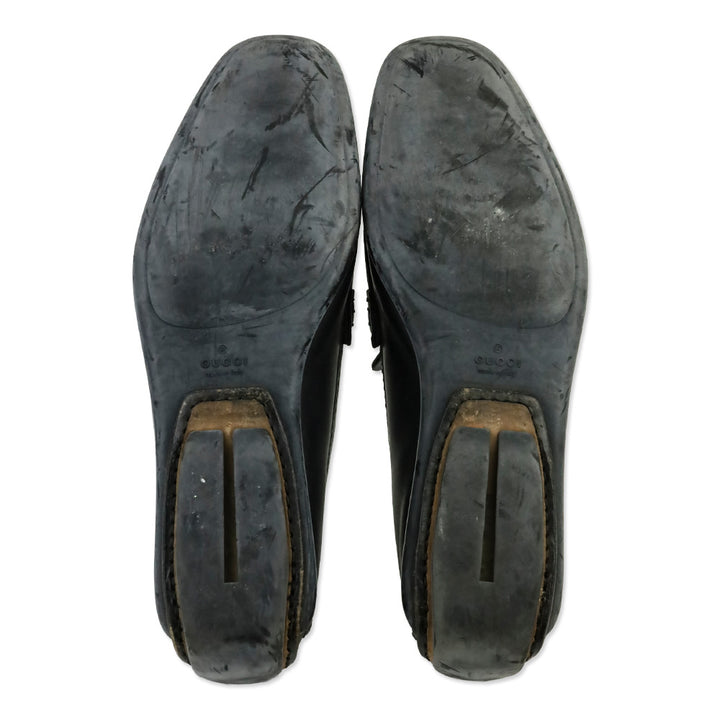 Gucci Black Leather Gold Horsebit Driving Loafers
