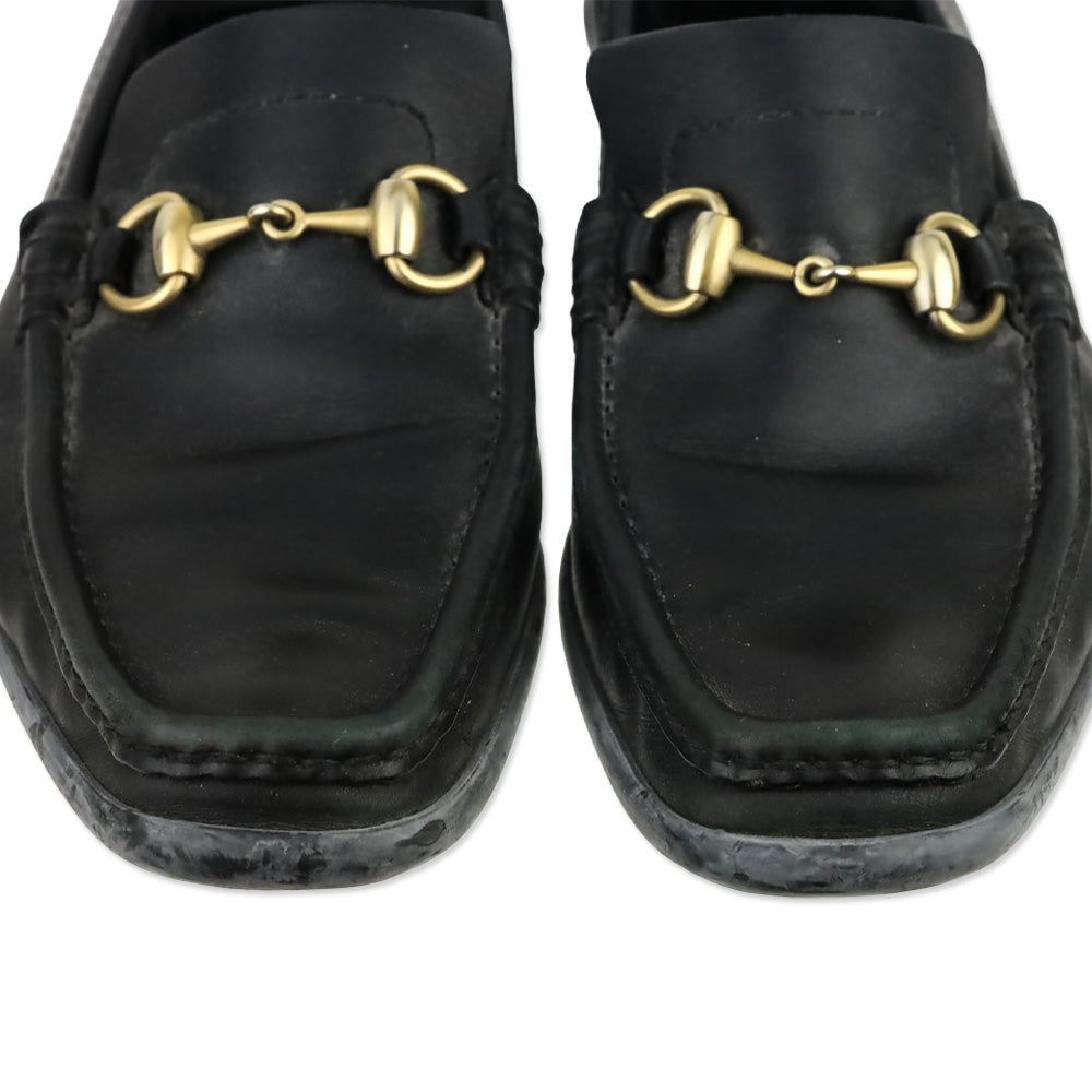 Gucci Black Leather Gold Horsebit Driving Loafers
