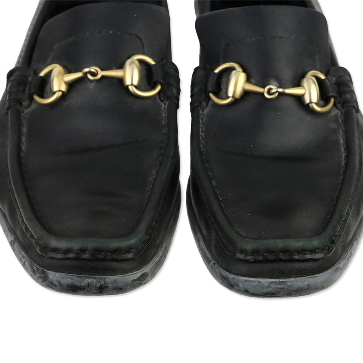 Gucci Black Leather Gold Horsebit Driving Loafers