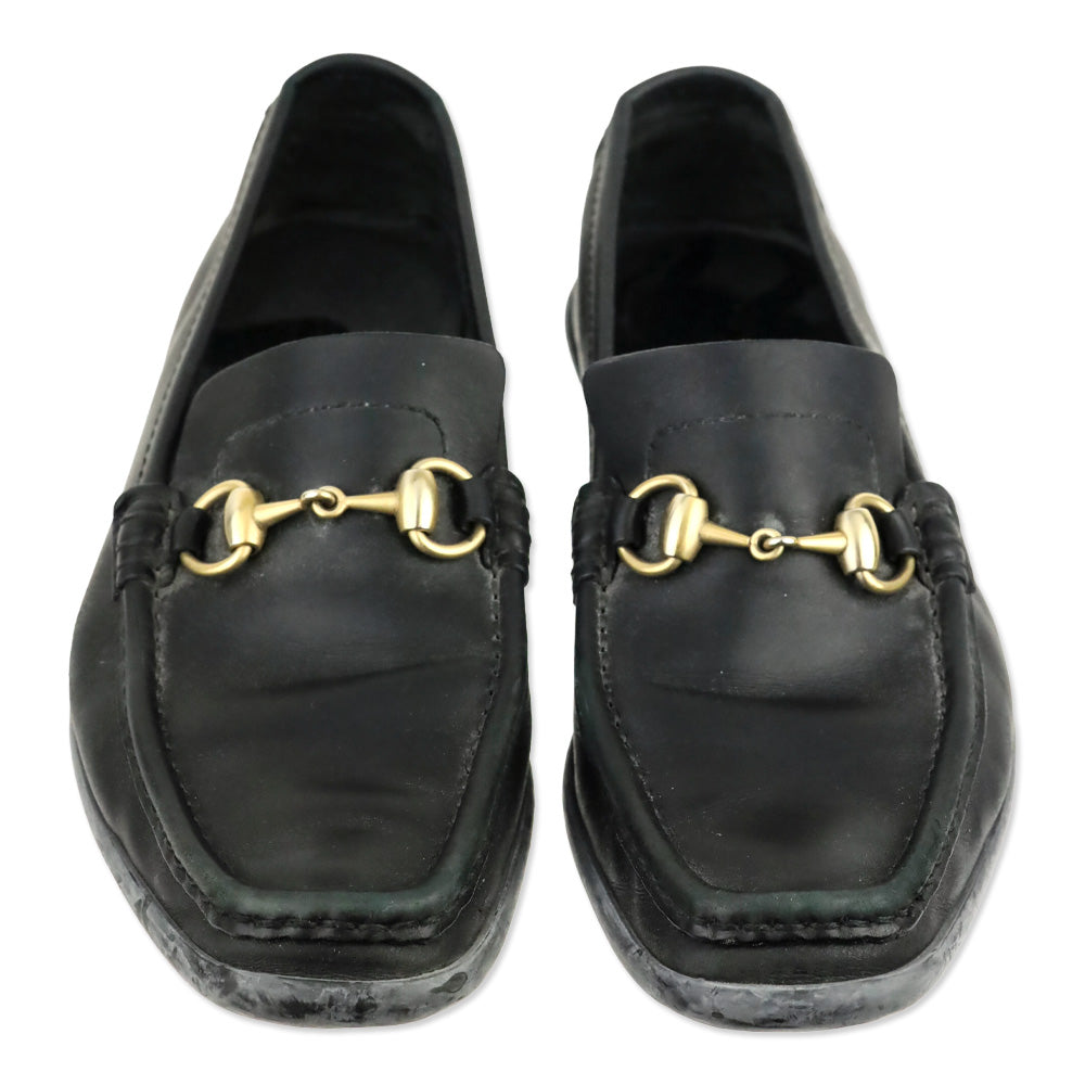 Gucci Black Leather Gold Horsebit Driving Loafers
