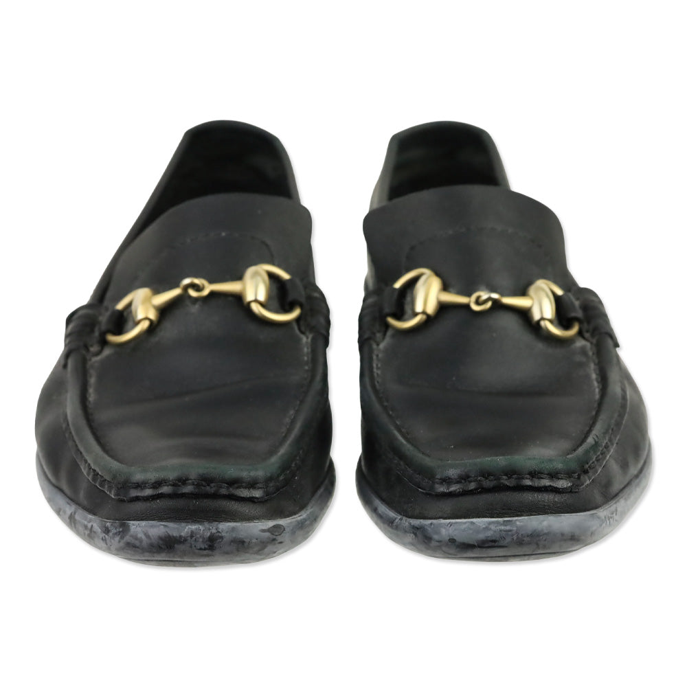 Gucci Black Leather Gold Horsebit Driving Loafers