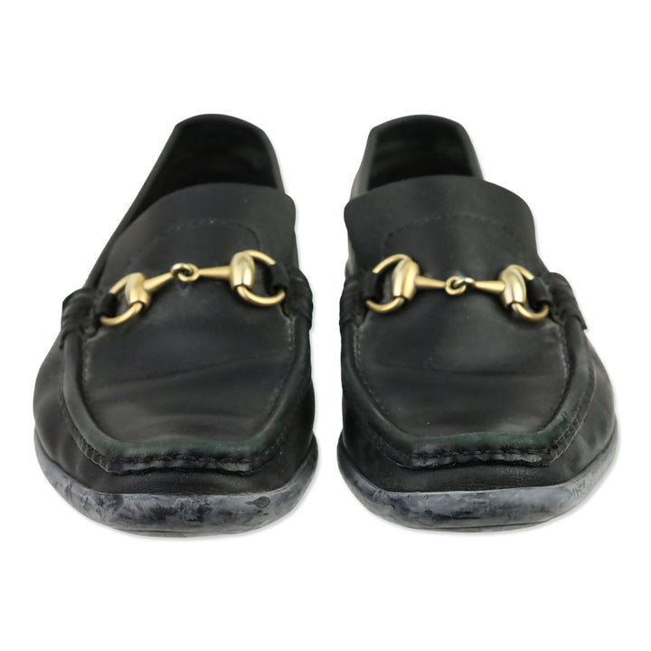 Gucci Black Leather Gold Horsebit Driving Loafers