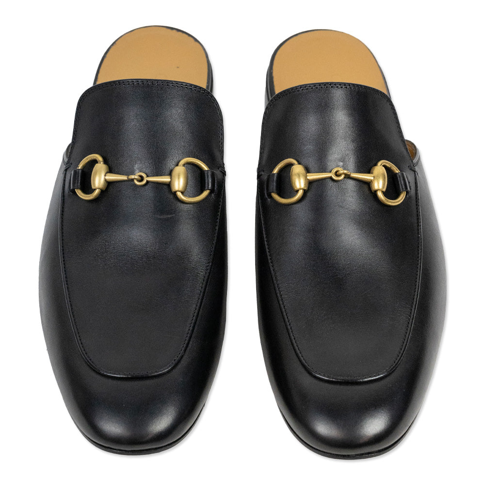 Gucci Black Leather Gold Horsebit Princetown Slipper