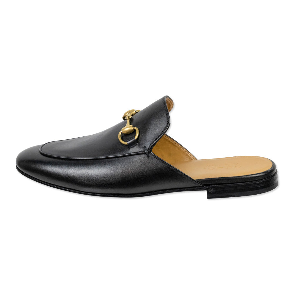 Gucci Black Leather Gold Horsebit Princetown Slipper