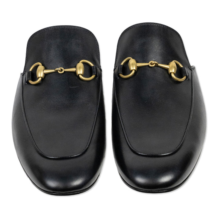 Gucci Black Leather Gold Horsebit Princetown Slipper