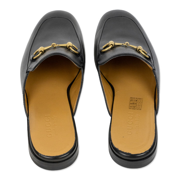 Gucci Black Leather Gold Horsebit Princetown Slipper