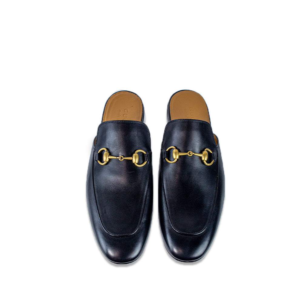 Gucci Black Leather Gold Horsebit Princetown Slipper