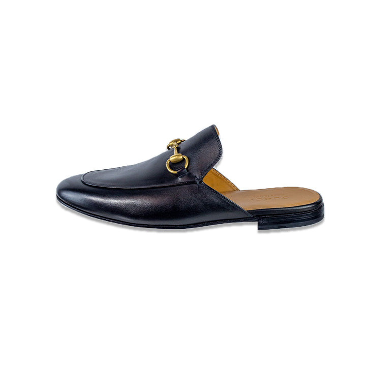 Gucci Black Leather Gold Horsebit Princetown Slipper