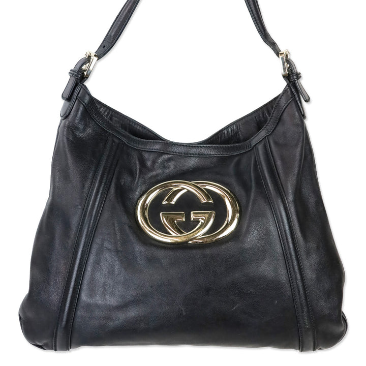 Gucci Black Leather Interlocking G Britt Hobo Bag