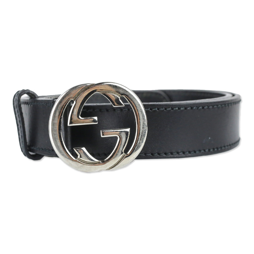 Gucci Black Leather Interlocking G Buckle Belt