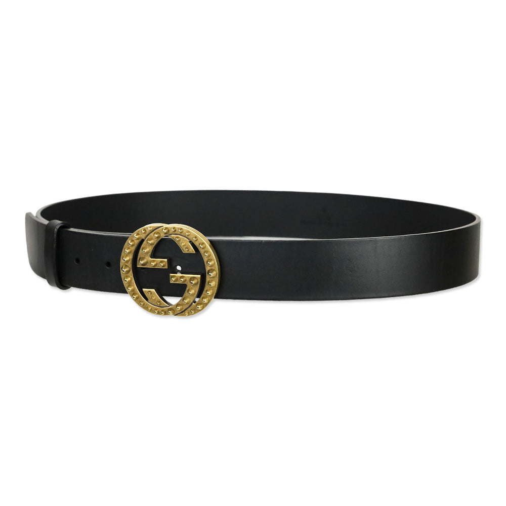 Gucci Black Leather Interlocking Studded GG Buckle Belt
