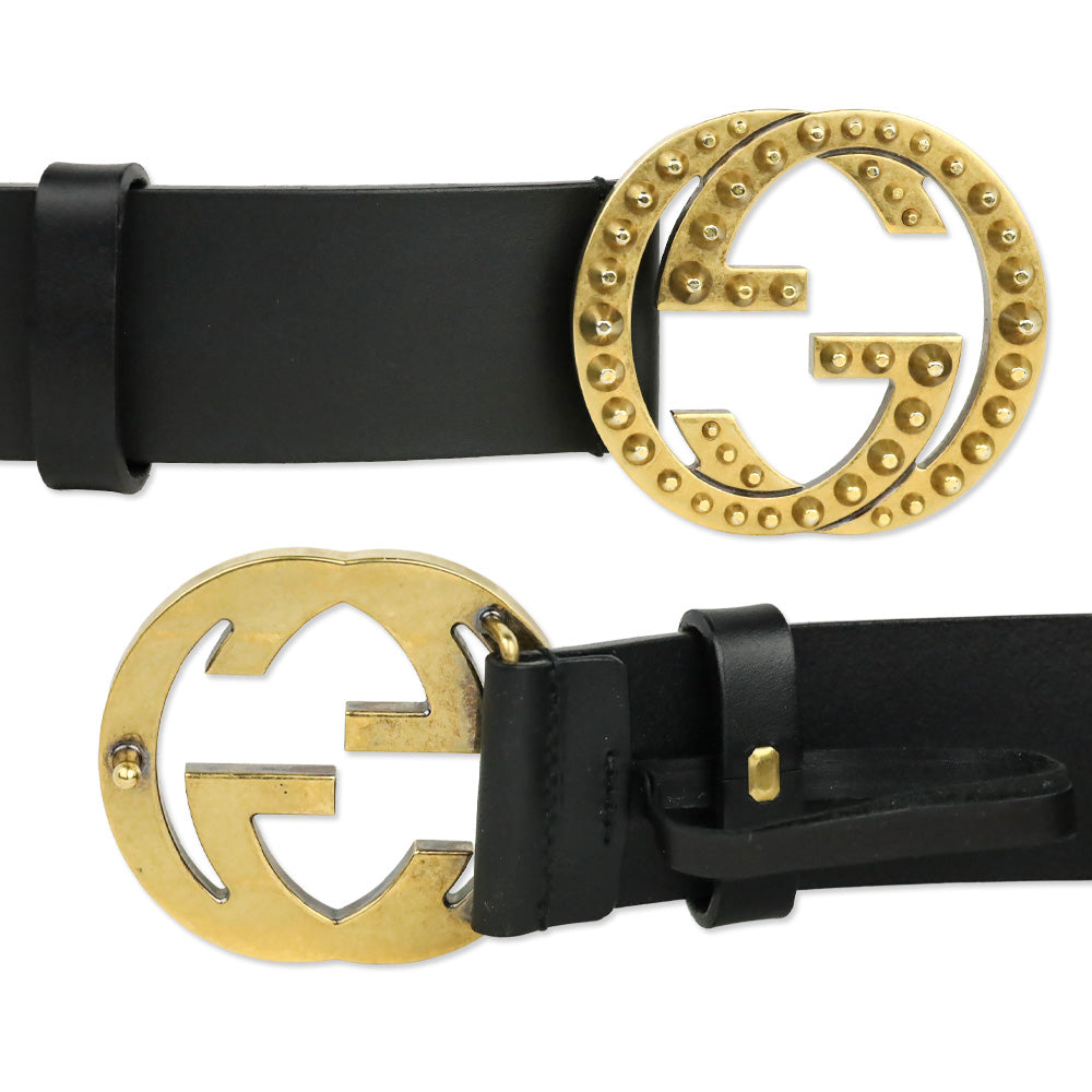 Gucci Black Leather Interlocking Studded GG Buckle Belt