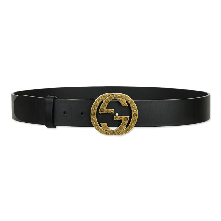 Gucci Black Leather Interlocking Studded GG Buckle Belt