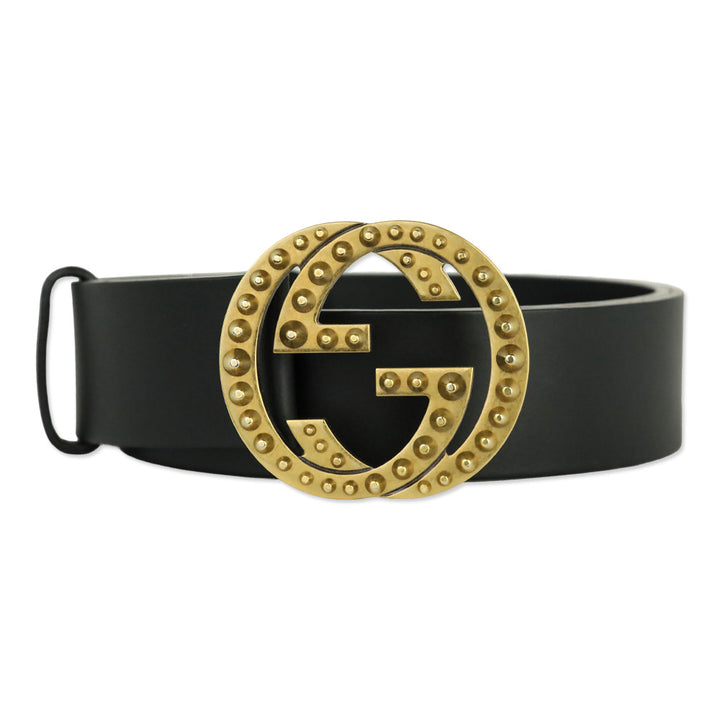 Gucci Black Leather Interlocking Studded GG Buckle Belt