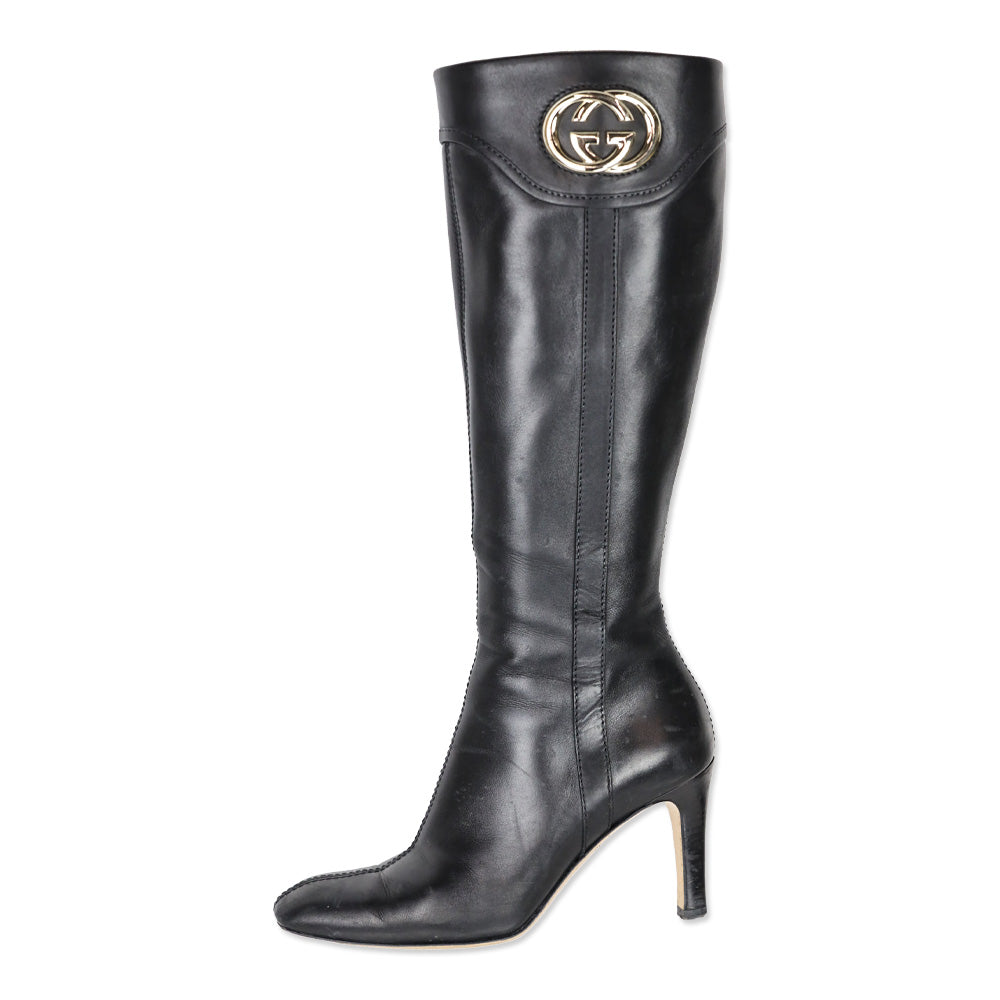 Gucci Black Leather Silver GG Knee-High Boots
