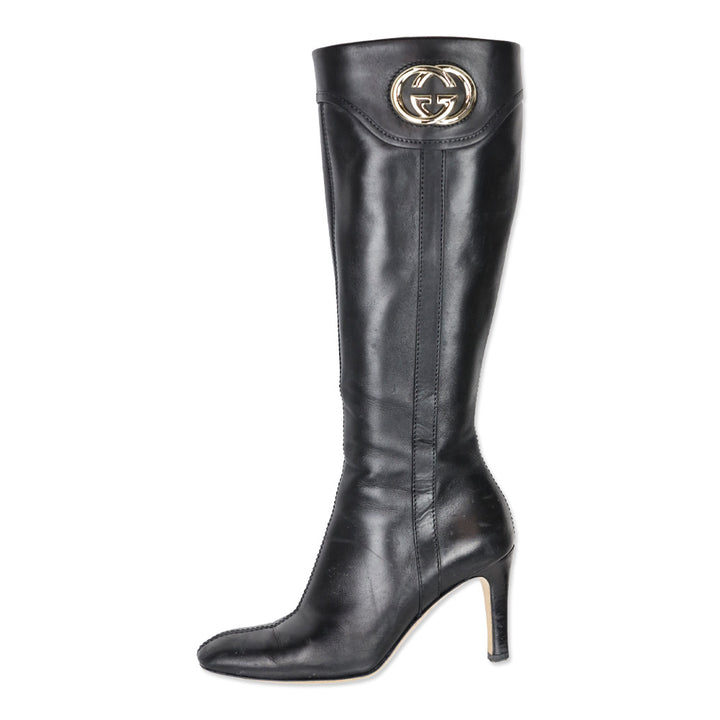 Gucci Black Leather Silver GG Knee-High Boots