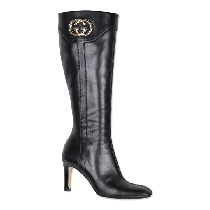 Gucci Black Leather Silver GG Knee-High Boots