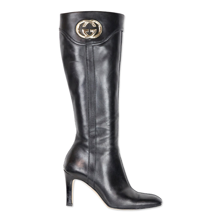 Gucci Black Leather Silver GG Knee-High Boots