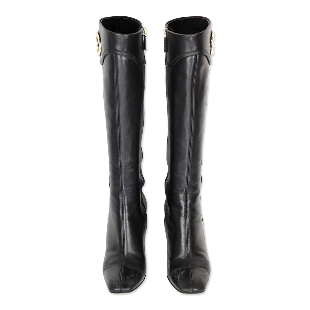 Gucci Black Leather Silver GG Knee-High Boots