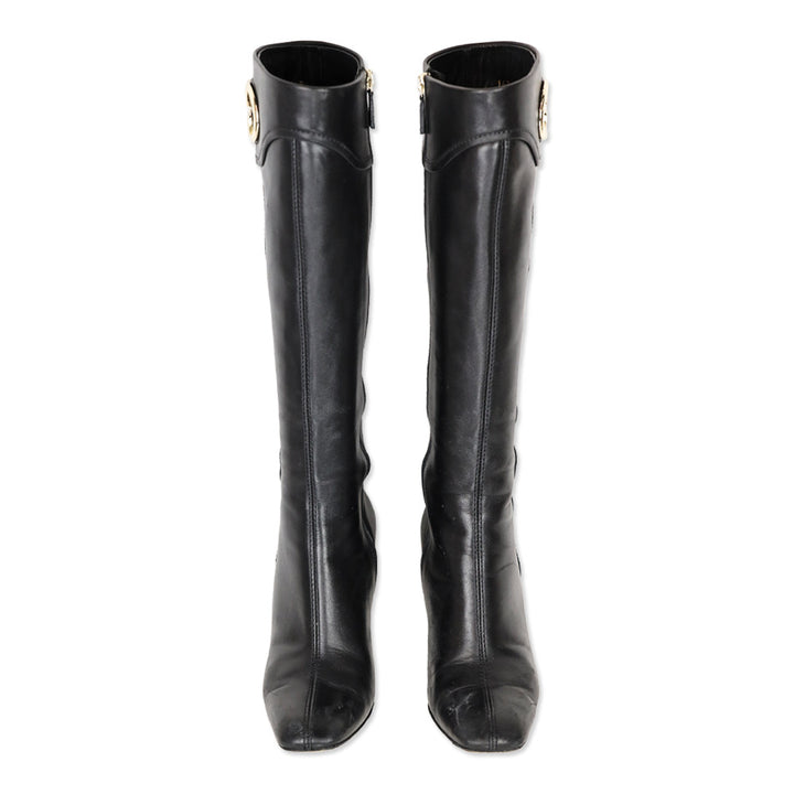 Gucci Black Leather Silver GG Knee-High Boots