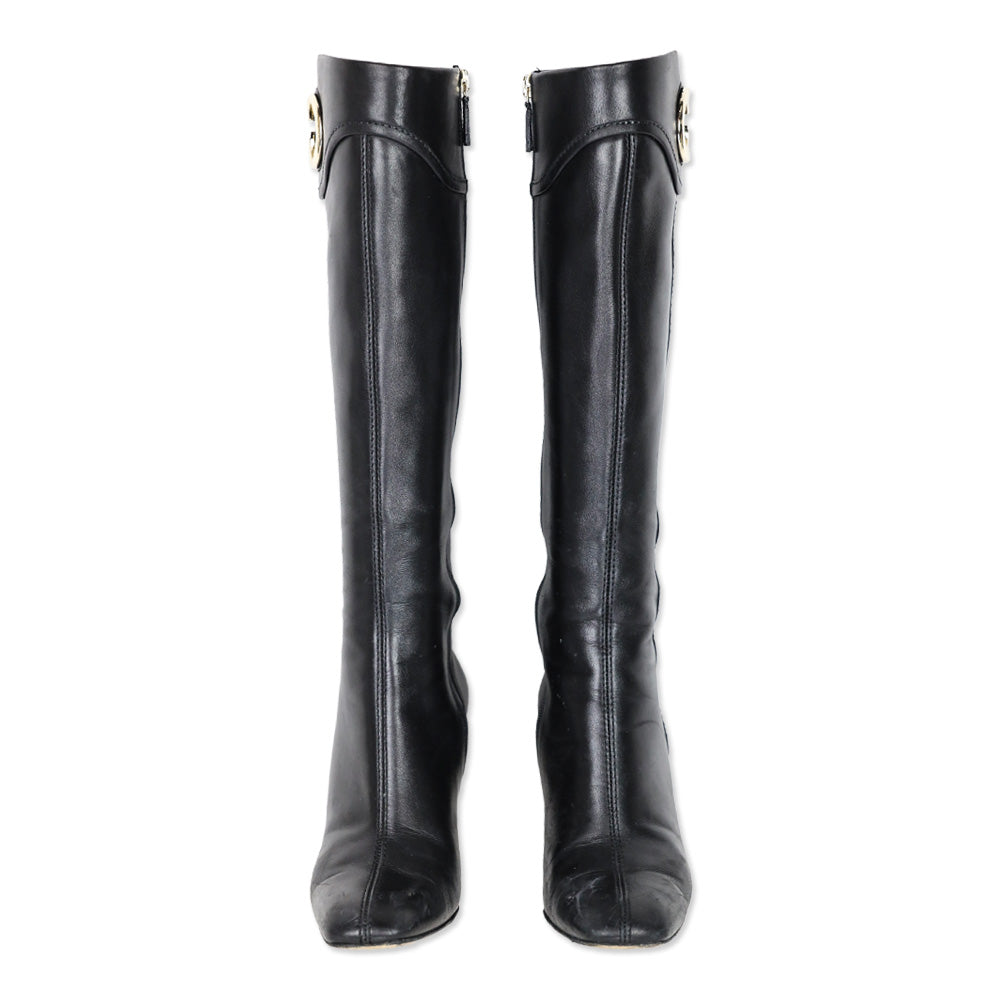 Gucci Black Leather Silver GG Knee-High Boots