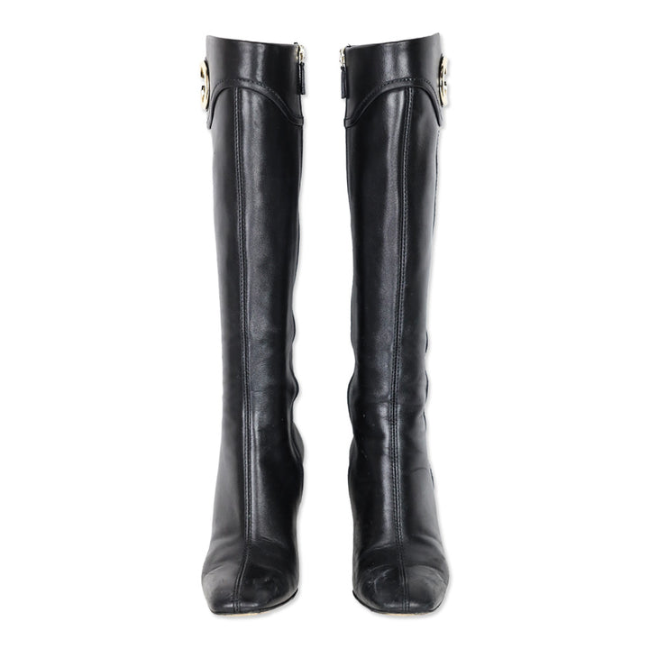 Gucci Black Leather Silver GG Knee-High Boots
